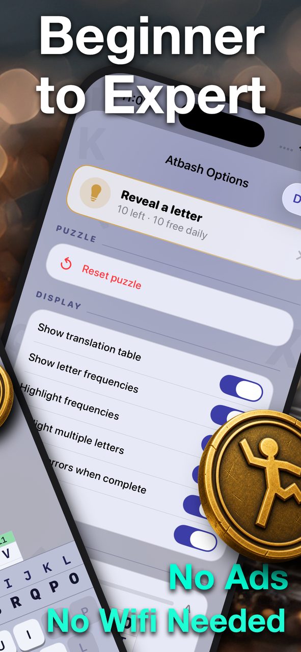 Cipher Munch options: translation table, letter frequency and highlighting toggles for beginner to expert practice