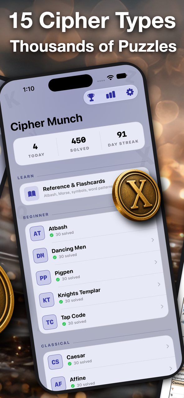 Cipher Munch menu with 15 cipher types including Aristocrat, Patristocrat, Xenocrypt, Caesar and Pigpen