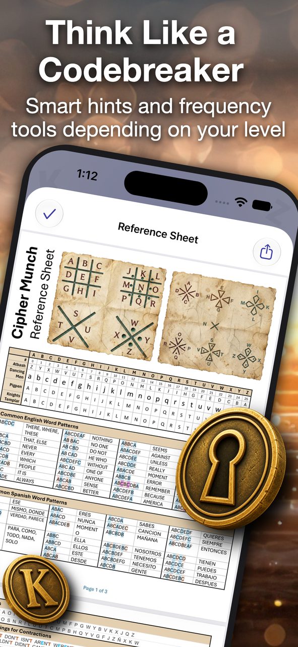 Built-in cipher reference sheet with alphabets and common word patterns