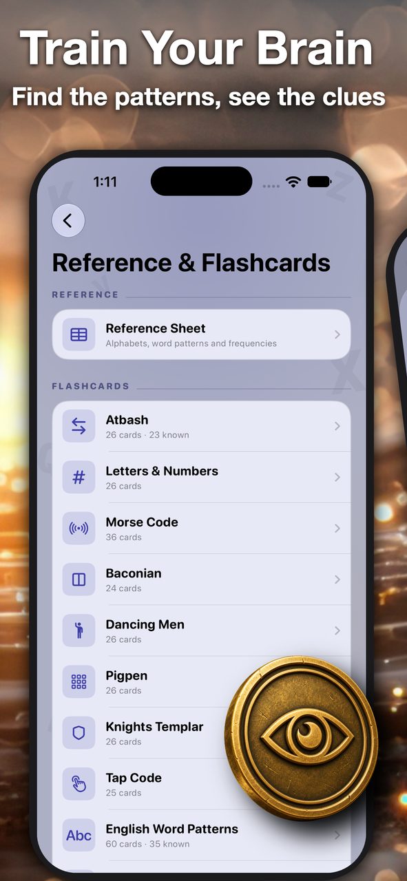Reference and Flashcards screen with the cipher reference sheet and flashcard decks for Atbash, Morse, Pigpen and more