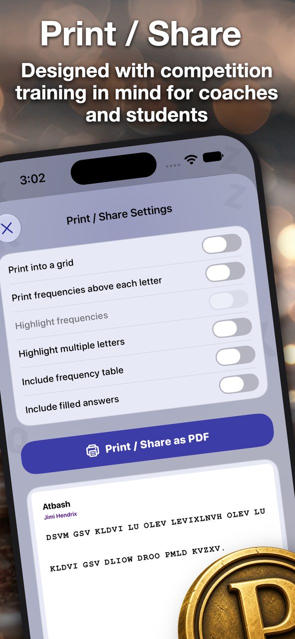 Print and share settings for competition-style paper cryptogram practice