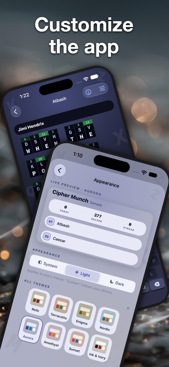 Cipher Munch appearance settings with a live theme preview and eight colour themes